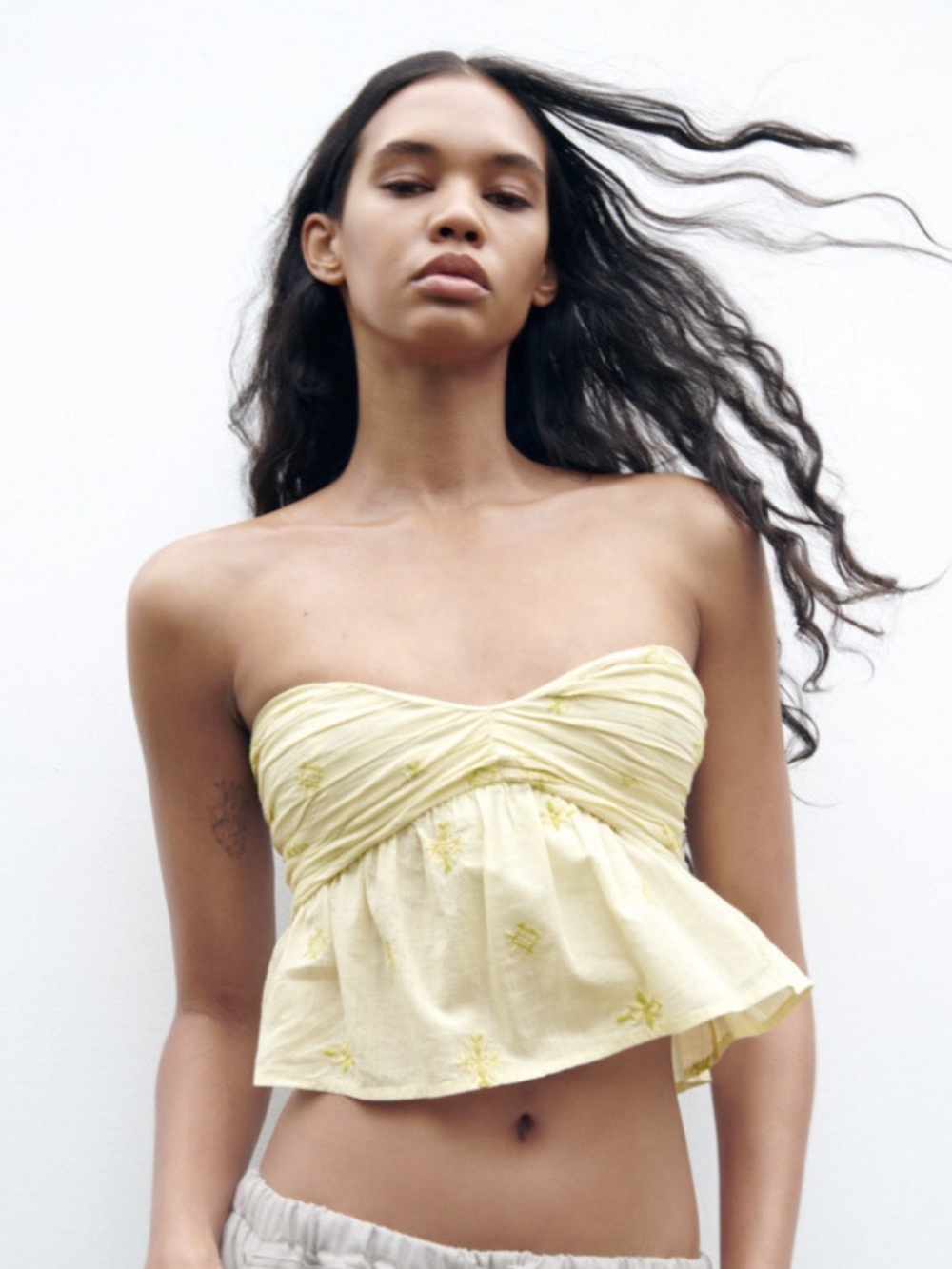 Zara Light Yellow Strapless Embroidered Peplum Top